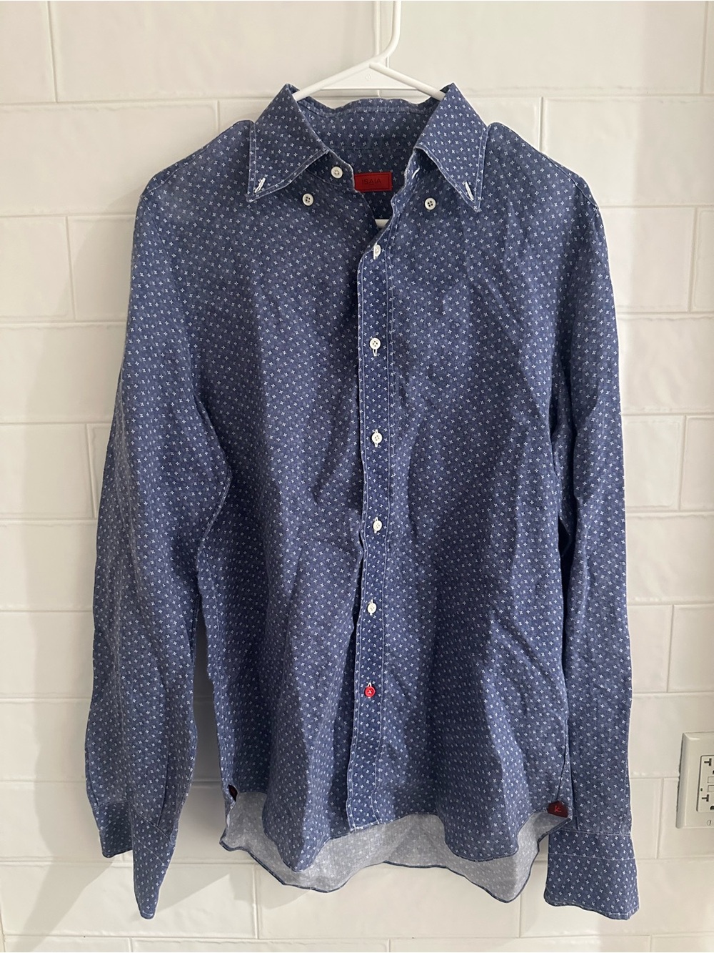 Isaia Blue Linen Dress Button Down Shirt Size 15.5 39 Medium Made In Italy